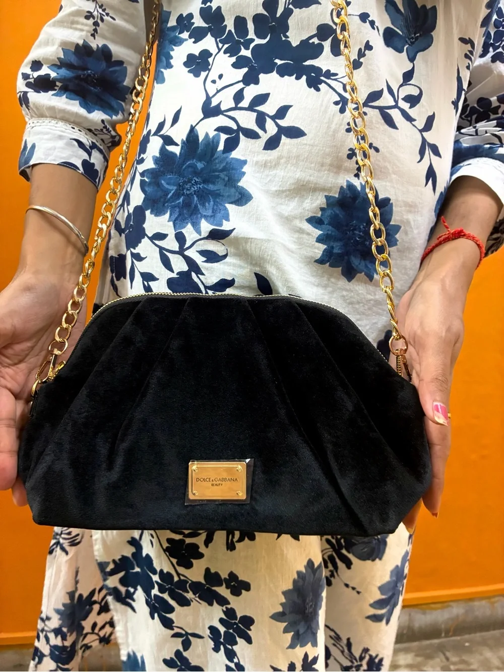 Dolce & Gabbana Black Velvet Shoulder Bag with Gold Chain